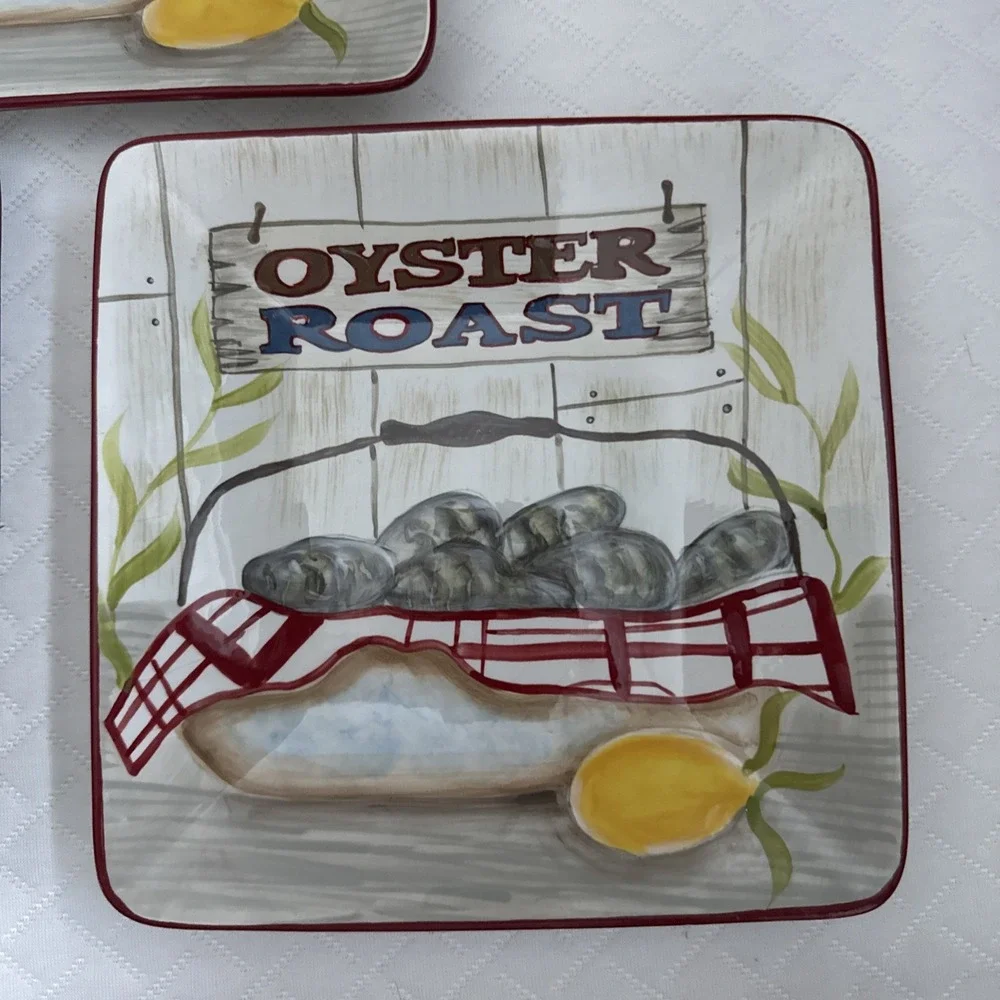 Certified International Oyster Roast Square Plates Set of 3 Multicolor Excellent